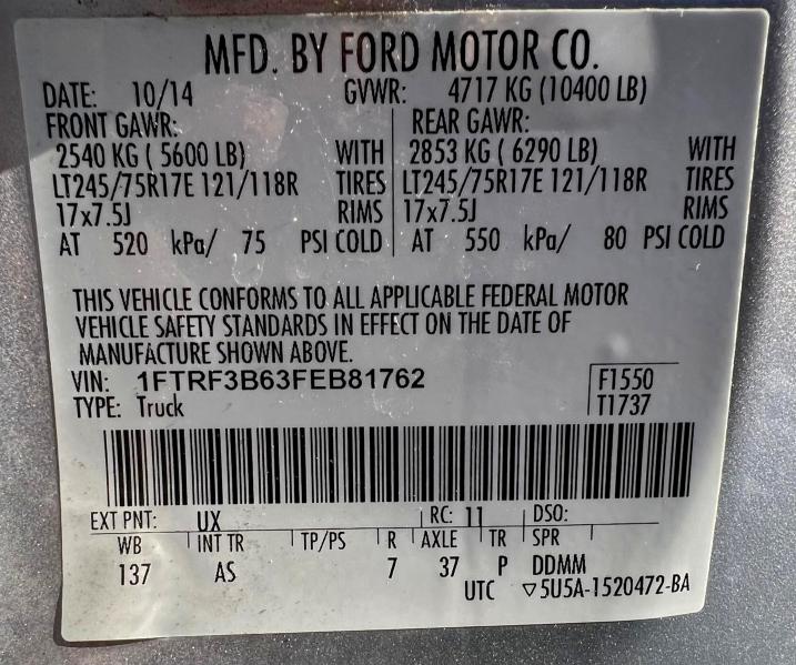 Photo 10 from auction – 2015 FORD F350 SUPER with VIN 1FTRF3B63FEB81762