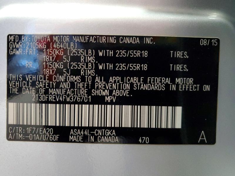 Photo 14 from auction – 2015 TOYOTA RAV4 LIMIT with VIN 2T3DFREV4FW376701