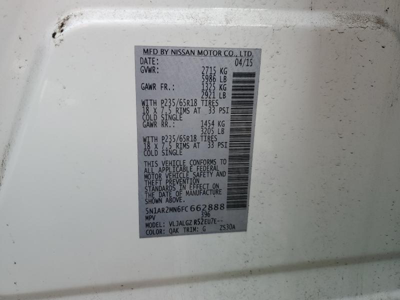 Photo 14 from auction – 2015 NISSAN PATHFINDER with VIN 5N1AR2MN6FC662888