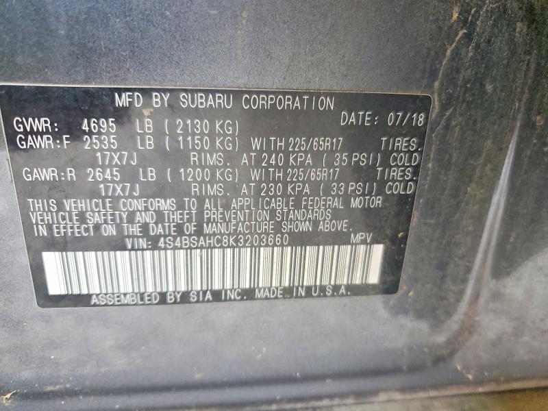 Photo 14 from auction – 2019 SUBARU OUTBACK 2. with VIN 4S4BSAHC8K3203660