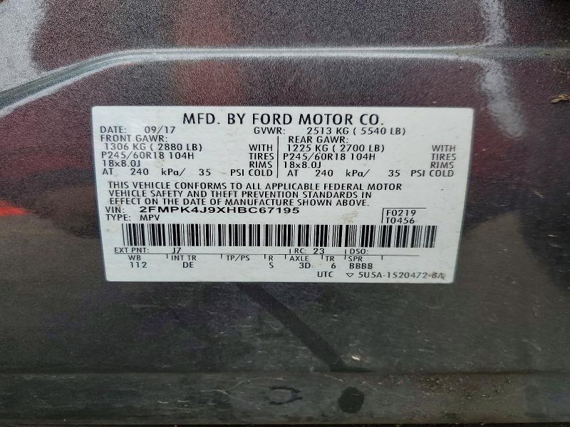 Photo 14 from auction – 2017 FORD EDGE SEL with VIN 2FMPK4J9XHBC67195