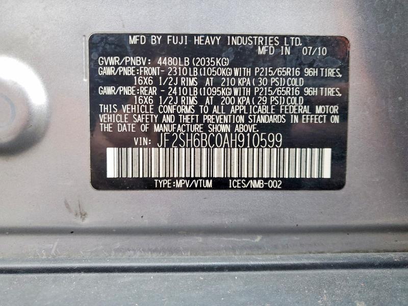 Photo 14 from auction – 2010 SUBARU FORESTER X with VIN JF2SH6BC0AH910599