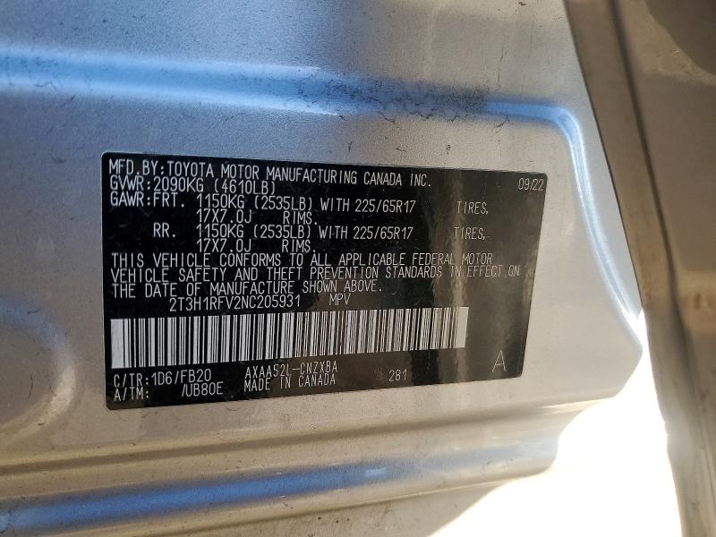 Photo 14 from auction – 2022 TOYOTA RAV4 LE with VIN 2T3H1RFV2NC205931