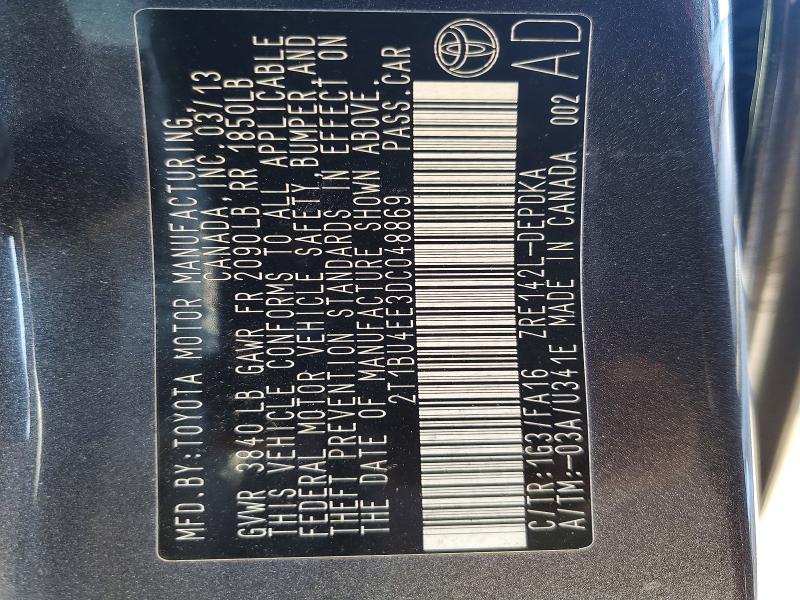 Photo 10 from auction – 2013 TOYOTA COROLLA BA with VIN 2T1BU4EE3DC048869