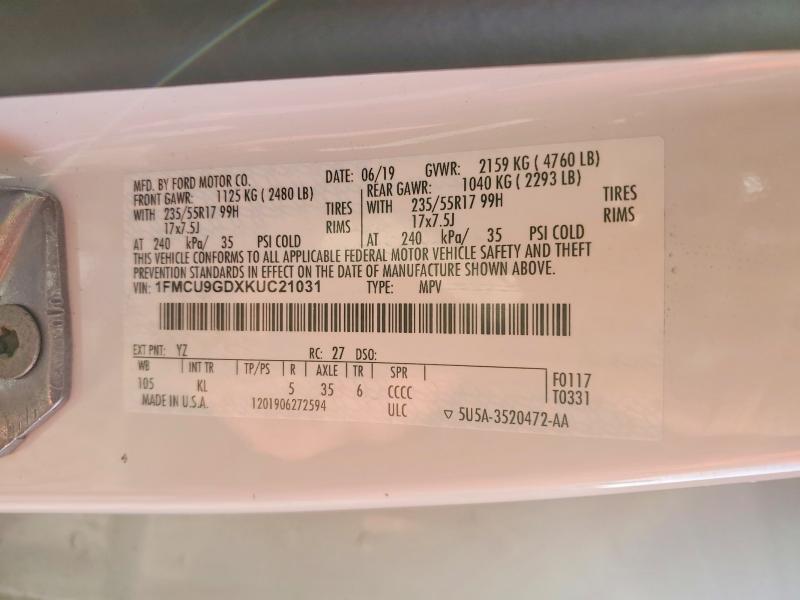 Photo 14 from auction – 2019 FORD ESCAPE with VIN 1FMCU9GDXKUC21031