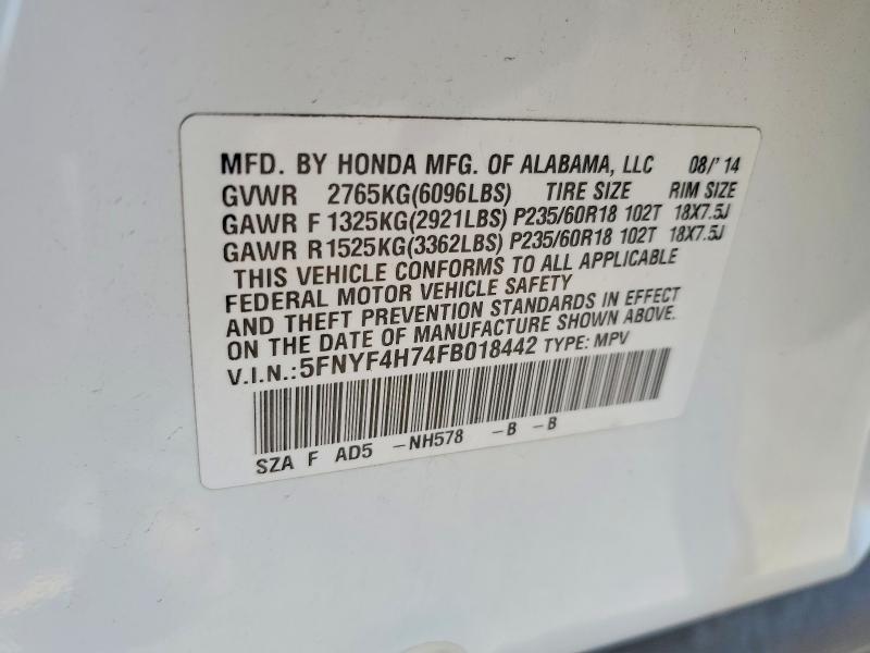 Photo 14 from auction – 2015 HONDA PILOT EXLN with VIN 5FNYF4H74FB018442