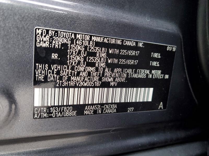 Photo 14 from auction – 2019 TOYOTA RAV4 LE with VIN 2T3H1RFV2KW005187