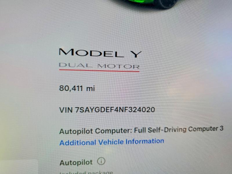 Photo 9 from auction – 2022 TESLA MODEL Y with VIN 7SAYGDEF4NF324020