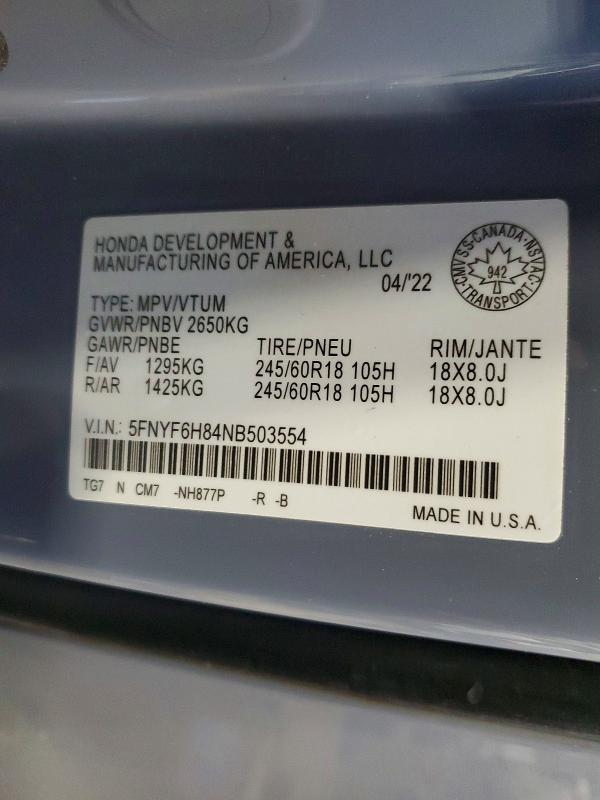Photo 14 from auction – 2022 HONDA PILOT TRAI with VIN 5FNYF6H84NB503554
