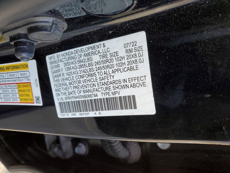 Photo 14 from auction – 2022 HONDA PILOT ELIT with VIN 5FNYF6H00NB066744