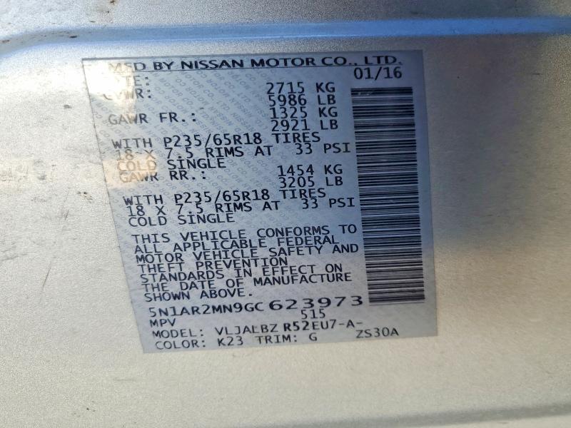 Photo 14 from auction – 2016 NISSAN PATHFINDER with VIN 5N1AR2MN9GC623973