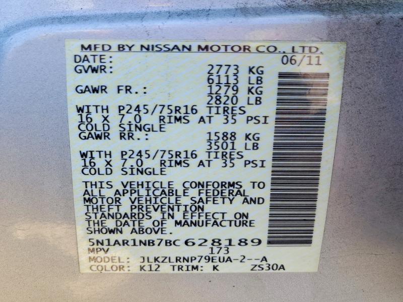 Photo 14 from auction – 2011 NISSAN PATHFINDER with VIN 5N1AR1NB7BC628189