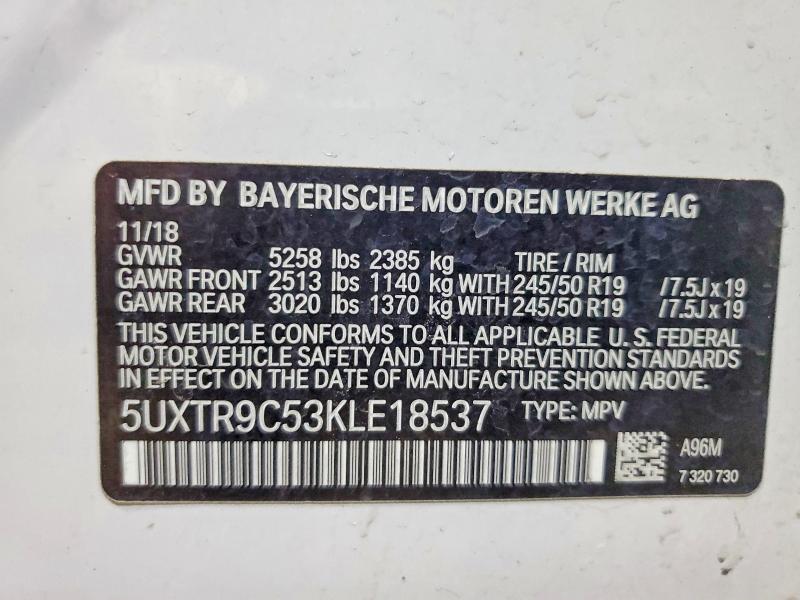 Photo 14 from auction – 2019 BMW X3 XDRIVE3 with VIN 5UXTR9C53KLE18537