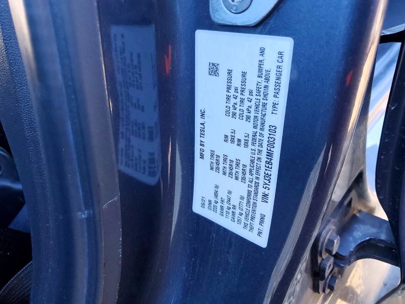 Photo 14 from auction – 2021 TESLA MODEL 3 with VIN 5YJ3E1EB4MF003103