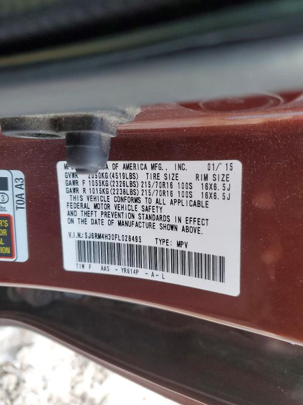 Photo 14 from auction – 2015 HONDA CR-V LX with VIN 5J6RM4H30FL028495