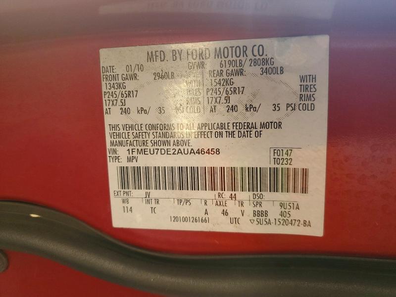 Photo 14 from auction – 2010 FORD EXPLORER X with VIN 1FMEU7DE2AUA46458
