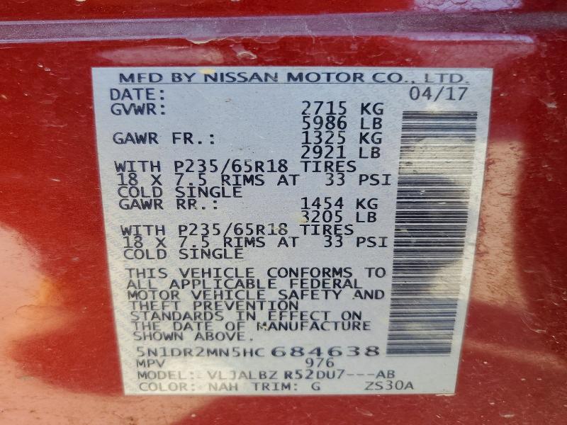 Photo 14 from auction – 2017 NISSAN PATHFINDER with VIN 5N1DR2MN5HC684638
