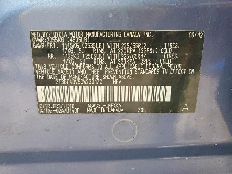 Photo 14 from auction – 2012 TOYOTA RAV4 with VIN 2T3BF4DV9CW230172