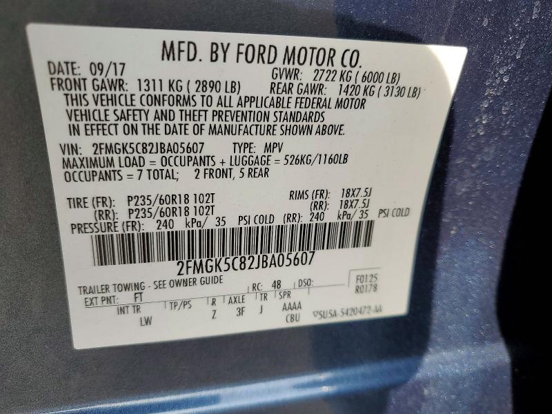 Photo 14 from auction – 2018 FORD FLEX SEL with VIN 2FMGK5C82JBA05607