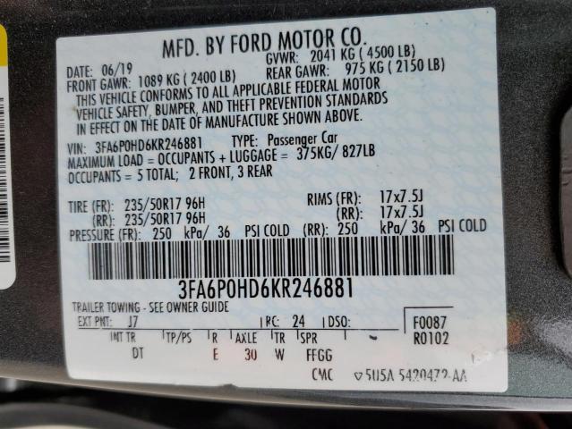 Photo 13 from auction – 2019 FORD FUSION SE with VIN 3FA6P0HD6KR246881