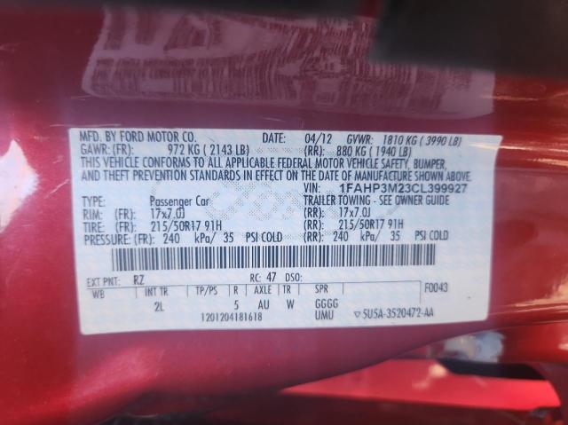 Photo 10 from auction – 2012 FORD FOCUS SEL with VIN 1FAHP3M23CL399927