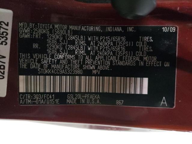 Photo 14 from auction – 2010 TOYOTA SIENNA CE with VIN 5TDKK4CC9AS323980