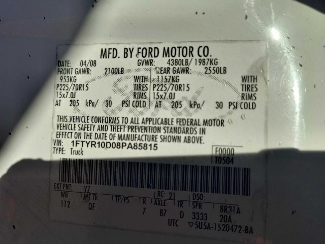 Photo 10 from auction – 2008 FORD RANGER with VIN 1FTYR10D08PA85815