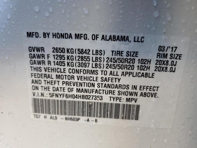 Photo 14 from auction – 2017 HONDA PILOT ELIT with VIN 5FNYF6H04HB027353