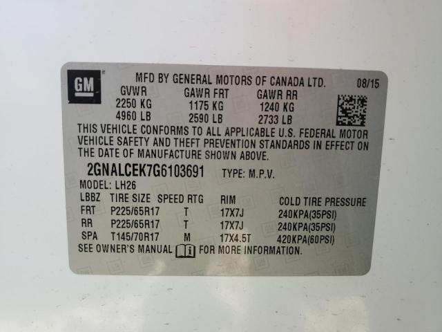 Photo 12 from auction – 2016 CHEVROLET EQUINOX LT with VIN 2GNALCEK7G6103691