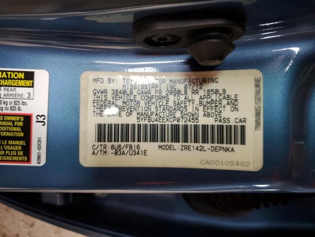 Photo 12 from auction – 2012 TOYOTA COROLLA BA with VIN 5YFBU4EEXCP072455