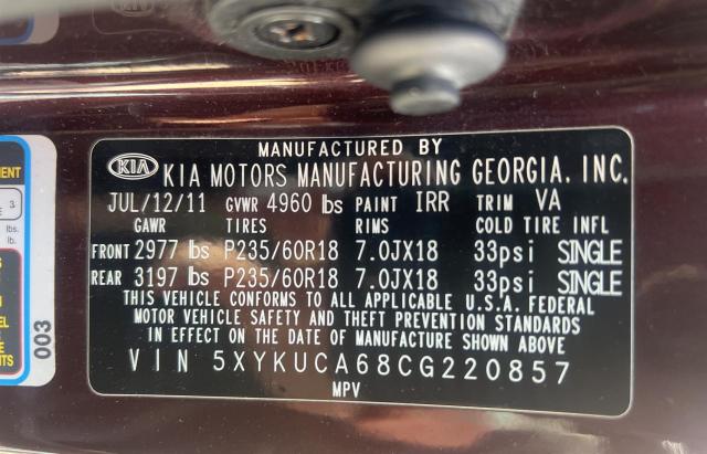 Photo 10 from auction – 2012 KIA SORENTO EX with VIN 5XYKUCA68CG220857