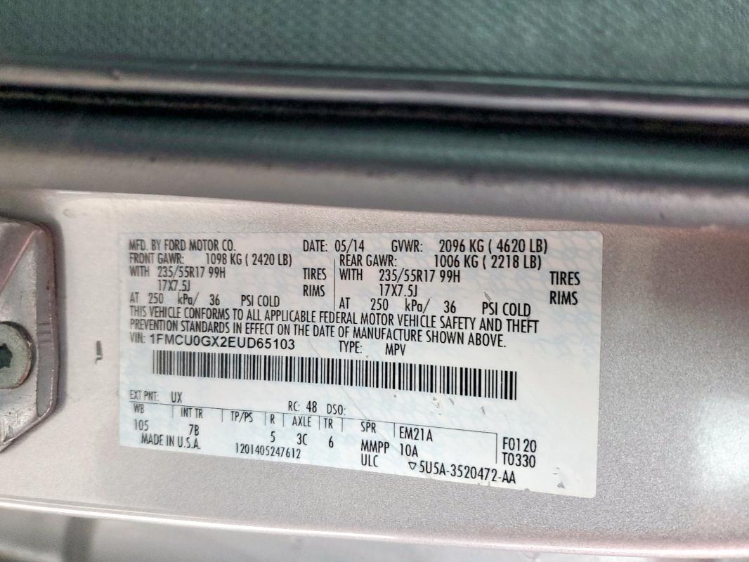 Photo 14 from auction – 2014 FORD ESCAPE SE with VIN 1FMCU0GX2EUD65103