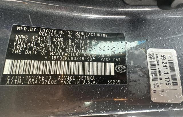 Photo 10 from auction – 2011 TOYOTA CAMRY BASE with VIN 4T1BF3EK0BU718190