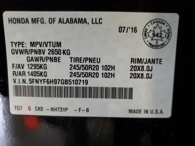 Photo 14 from auction – 2016 HONDA PILOT TOUR with VIN 5FNYF6H97GB510719
