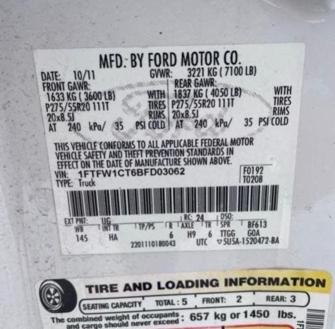 Photo 10 from auction – 2011 FORD F150 SUPER with VIN 1FTFW1CT6BFD03062