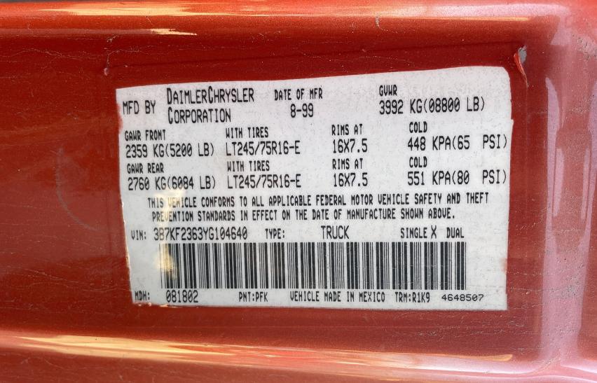 Photo 10 from auction – 2000 DODGE RAM 2500 with VIN 3B7KF2363YG104640