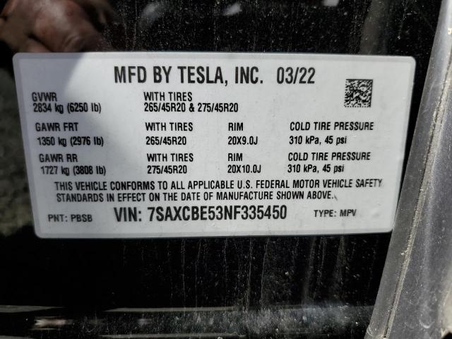 Photo 14 from auction – 2022 TESLA MODEL X with VIN 7SAXCBE53NF335450