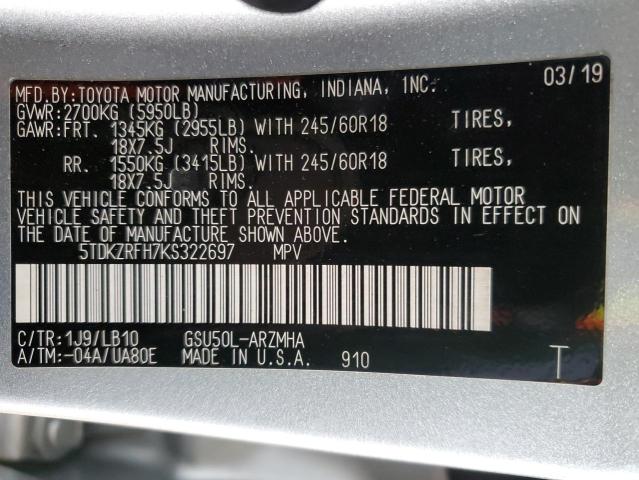 Photo 14 from auction – 2019 TOYOTA HIGHLANDER with VIN 5TDKZRFH7KS322697