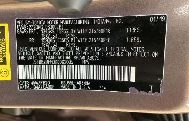 Photo 10 from auction – 2019 TOYOTA HIGHLANDER with VIN 5TDBZRFH9KS962085