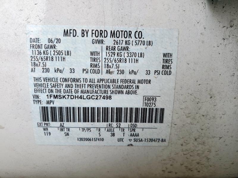 Photo 14 from auction – 2020 FORD EXPLORER X with VIN 1FMSK7DH4LGC27498