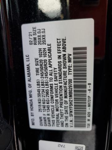 Photo 14 from auction – 2021 HONDA PILOT SE with VIN 5FNYF5H21MB029700