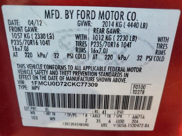 Photo 14 from auction – 2012 FORD ESCAPE XLT with VIN 1FMCU0D72CKC77309