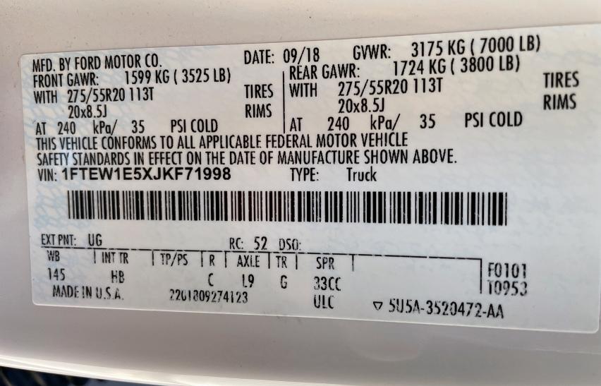 Photo 10 from auction – 2018 FORD F150 SUPER with VIN 1FTEW1E5XJKF71998