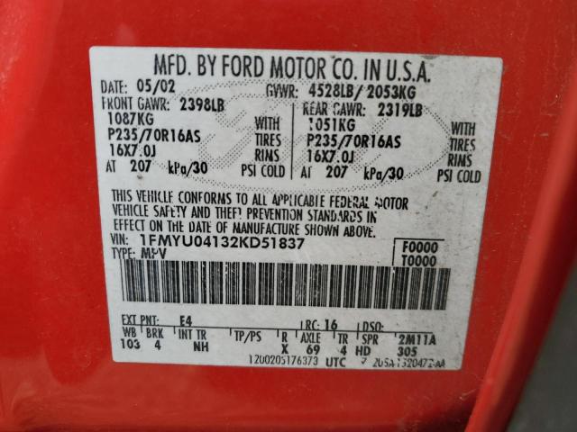 Photo 14 from auction – 2002 FORD ESCAPE XLT with VIN 1FMYU04132KD51837