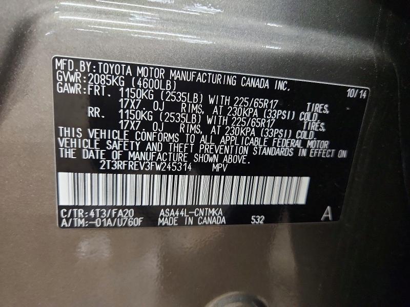 Photo 14 from auction – 2015 TOYOTA RAV4 with VIN 2T3RFREV3FW245314