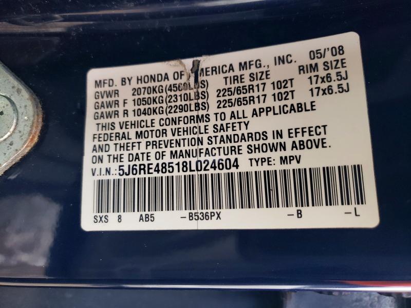 Photo 14 from auction – 2008 HONDA CR-V EX with VIN 5J6RE48518L024604