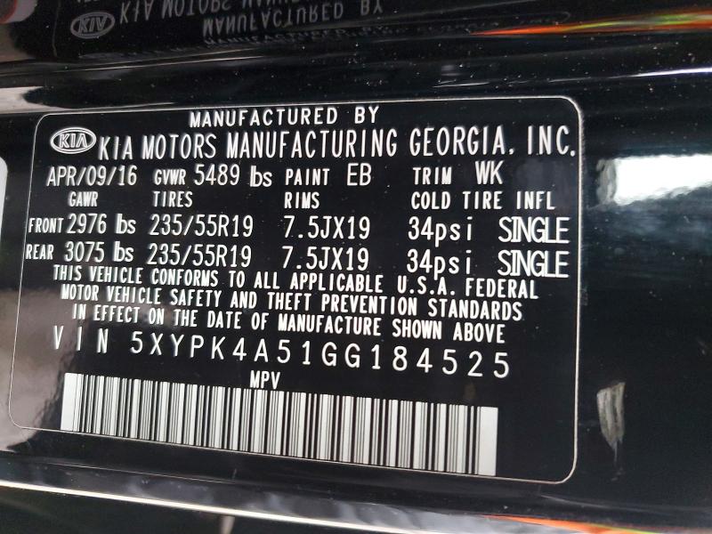 Photo 14 from auction – 2016 KIA SORENTO with VIN 5XYPK4A51GG184525