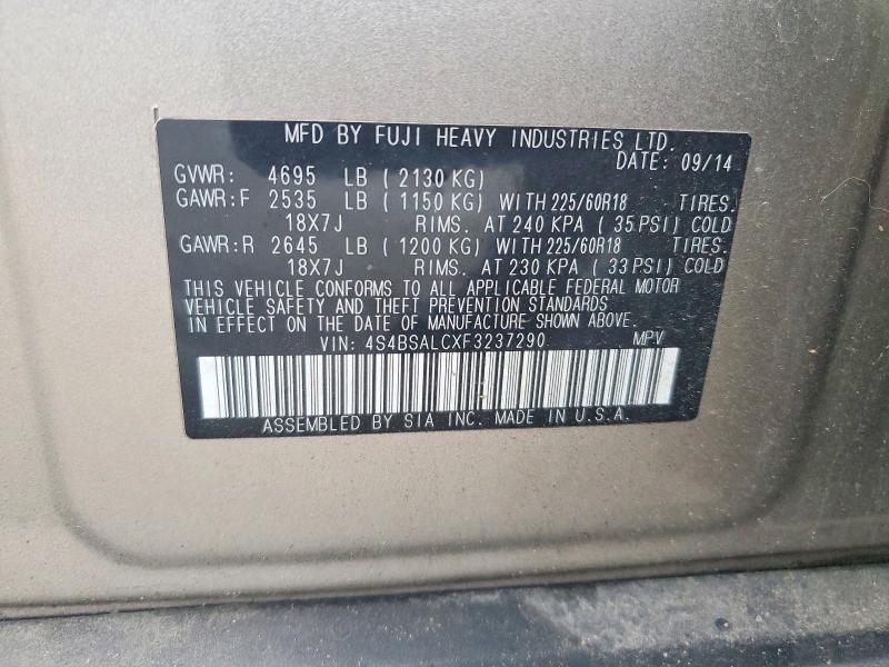 Photo 14 from auction – 2015 SUBARU OUTBACK 2. with VIN 4S4BSALCXF3237290