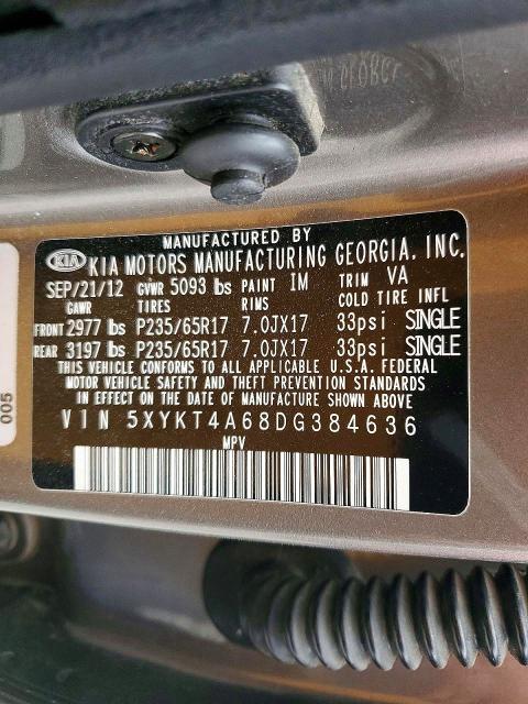 Photo 14 from auction – 2013 KIA SORENTO with VIN 5XYKT4A68DG384636