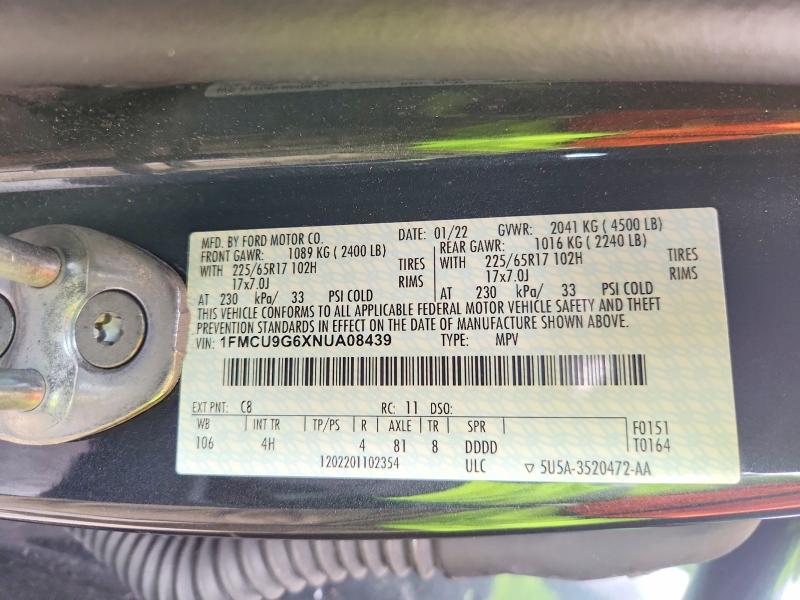 Photo 14 from auction – 2022 FORD ESCAPE SE with VIN 1FMCU9G6XNUA08439